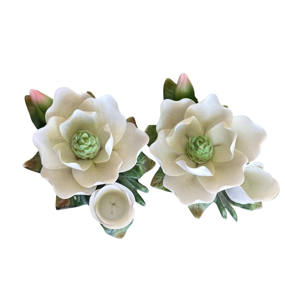 Vintage Magnolia Porcelain Flower Candle Holders Set of 2 Floral Decor Box
